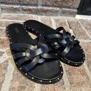 Schutz Womens Phoenix Studded Leather Flat Sandals Black Size 10.5B